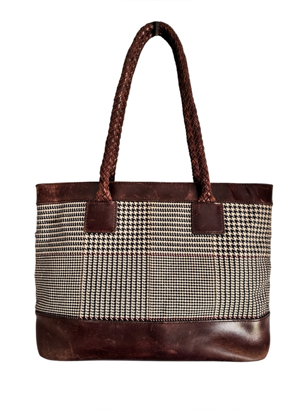 90's Lauren Ralph Lauren Brown Leather-Trim Plaid Tote